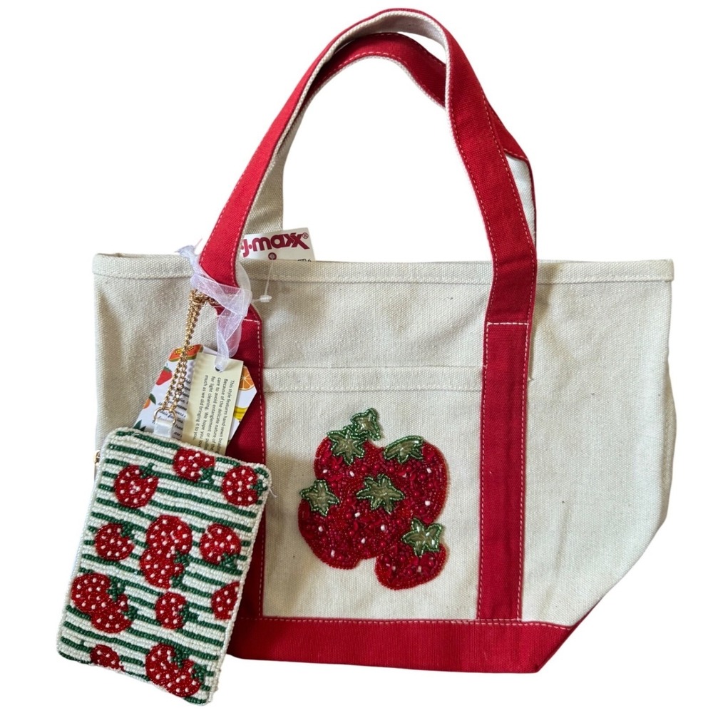 Viral Beaded  Strawberry‎ Canvas Small Tote Red Base Assorted Beaded Pouch
